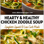 A bowl of Chicken Zoodle Soup with tender chicken and zucchini noodles, a fresh Homemade Chicken Soup Recipe.